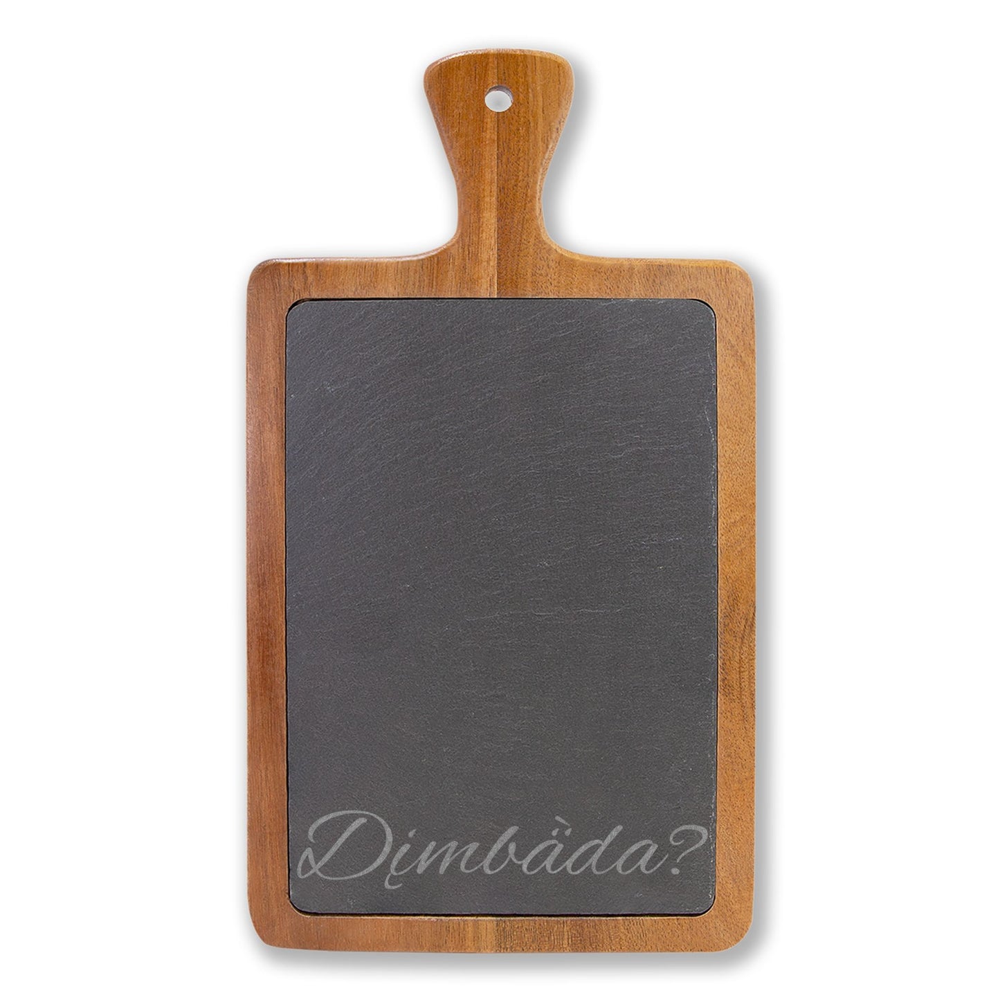 "Are You Hungry?" Dän K’e Engraved Acacia Charcuterie Board with Slate & Cheese Knives