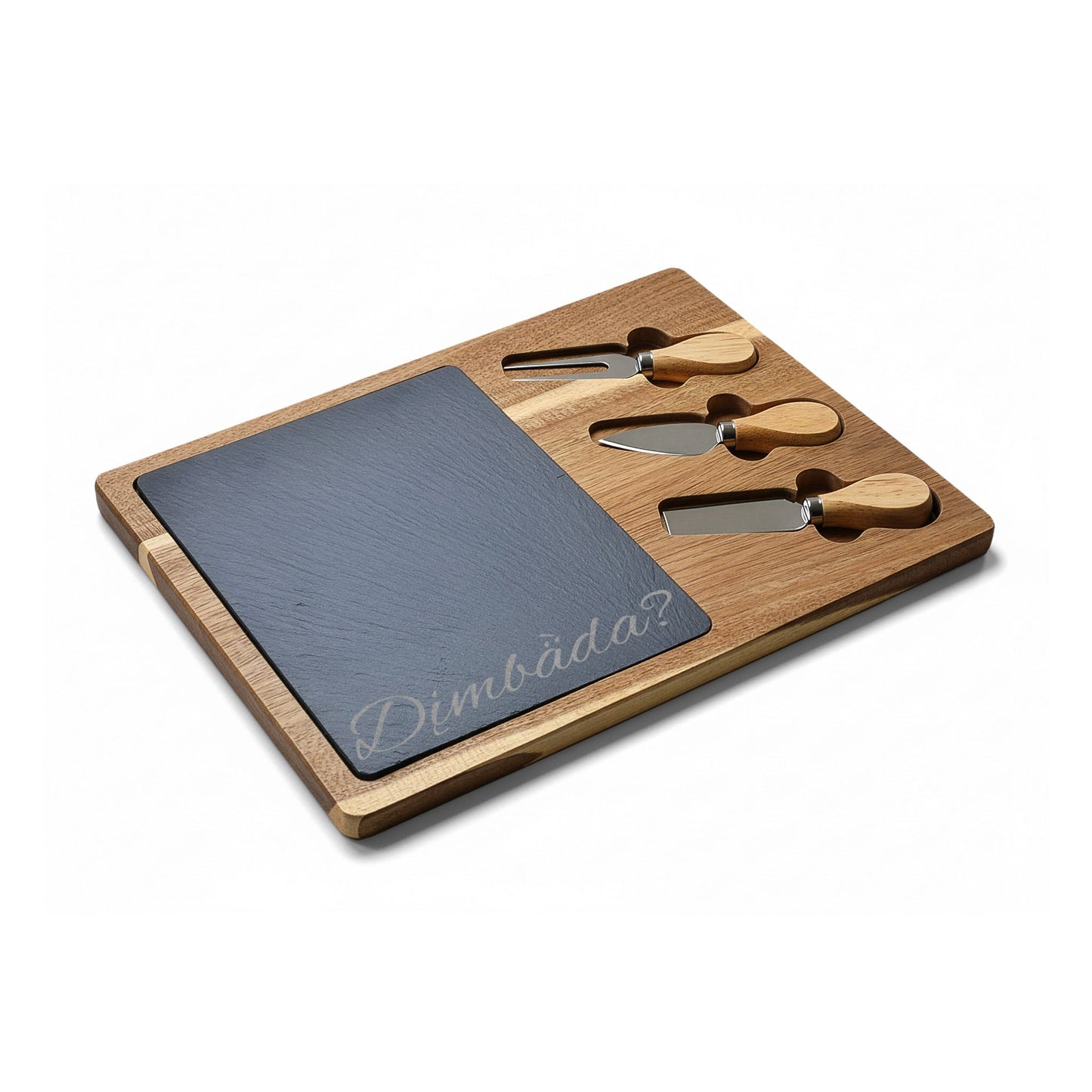 "Are You Hungry?" Dän K’e Engraved Acacia Charcuterie Board with Slate & Cheese Knives
