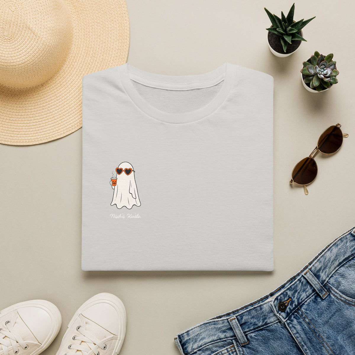 Ghosty T-Shirt — "Nų̄ch’ų kwä̀łe" (It’s Fall) Cute Ghost with Heart Sunglasses & Pumpkin Drink