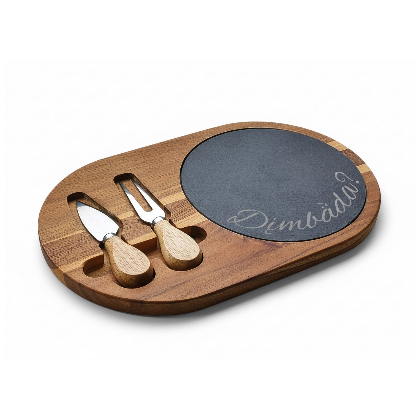 "Are You Hungry?" Dän K’e Engraved Acacia Charcuterie Board with Slate & Cheese Knives