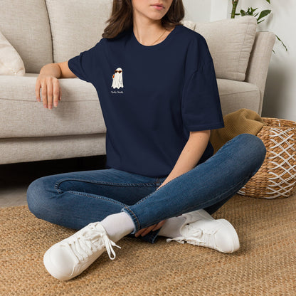 Ghosty T-Shirt — "Nų̄ch’ų kwä̀łe" (It’s Fall) Cute Ghost with Heart Sunglasses & Pumpkin Drink