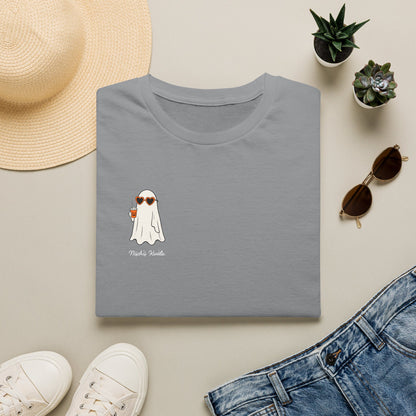 Ghosty T-Shirt — "Nų̄ch’ų kwä̀łe" (It’s Fall) Cute Ghost with Heart Sunglasses & Pumpkin Drink