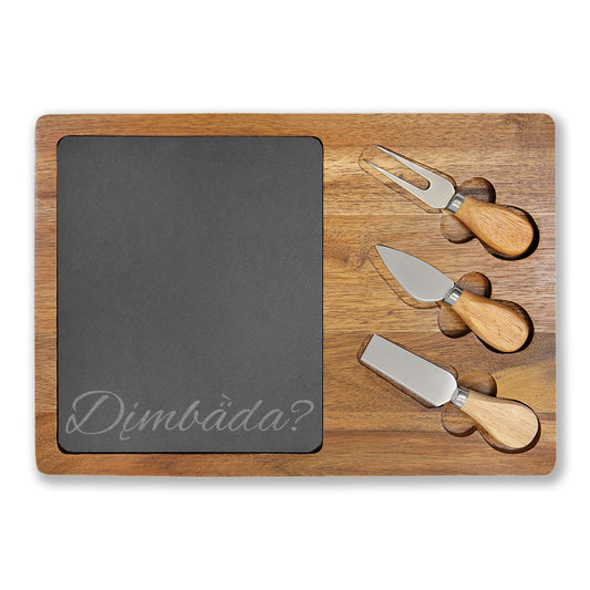 "Are You Hungry?" Dän K’e Engraved Acacia Charcuterie Board with Slate & Cheese Knives