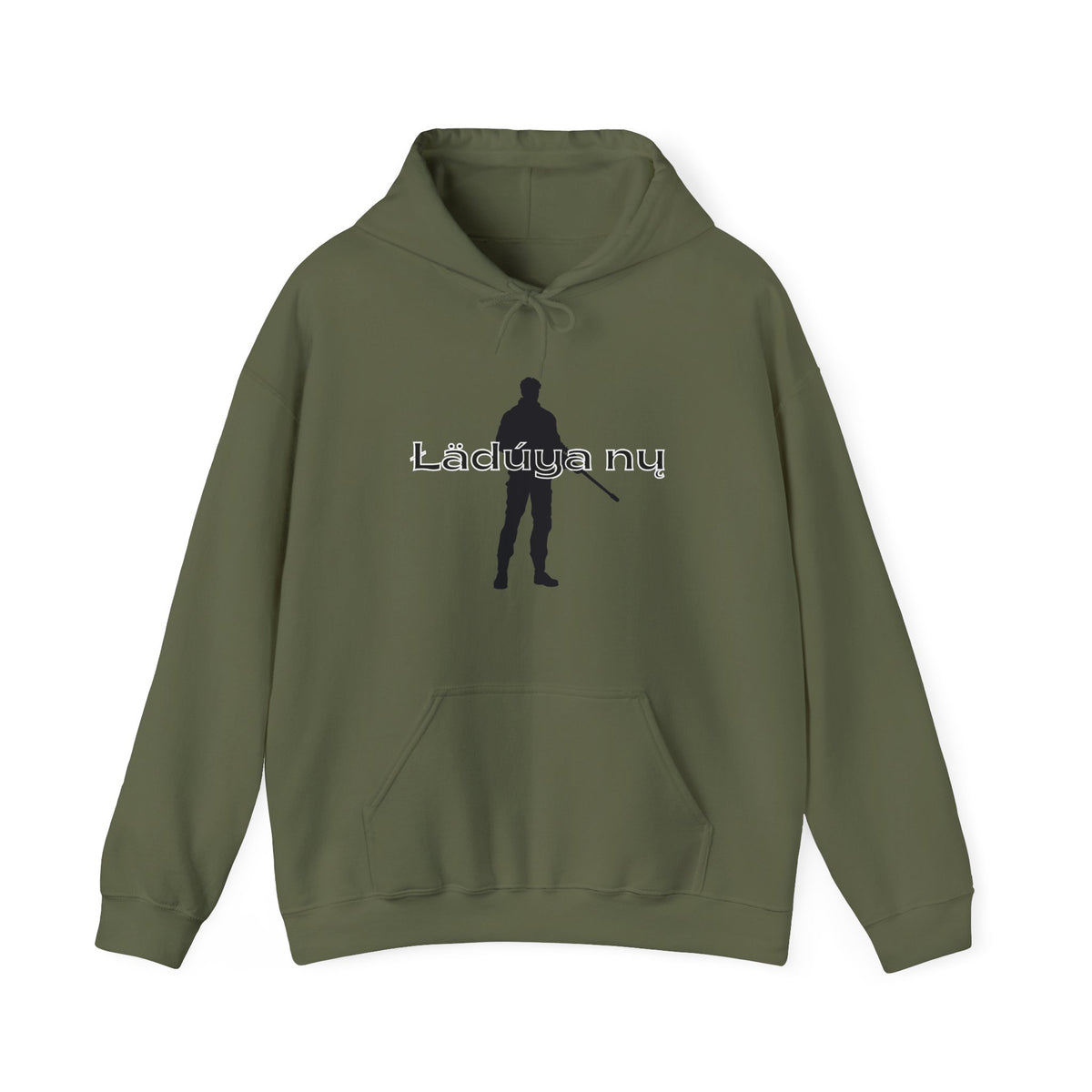Hunter Silhouette Hoodie with "Lädúya nų" (I’m Going Hunting) Text