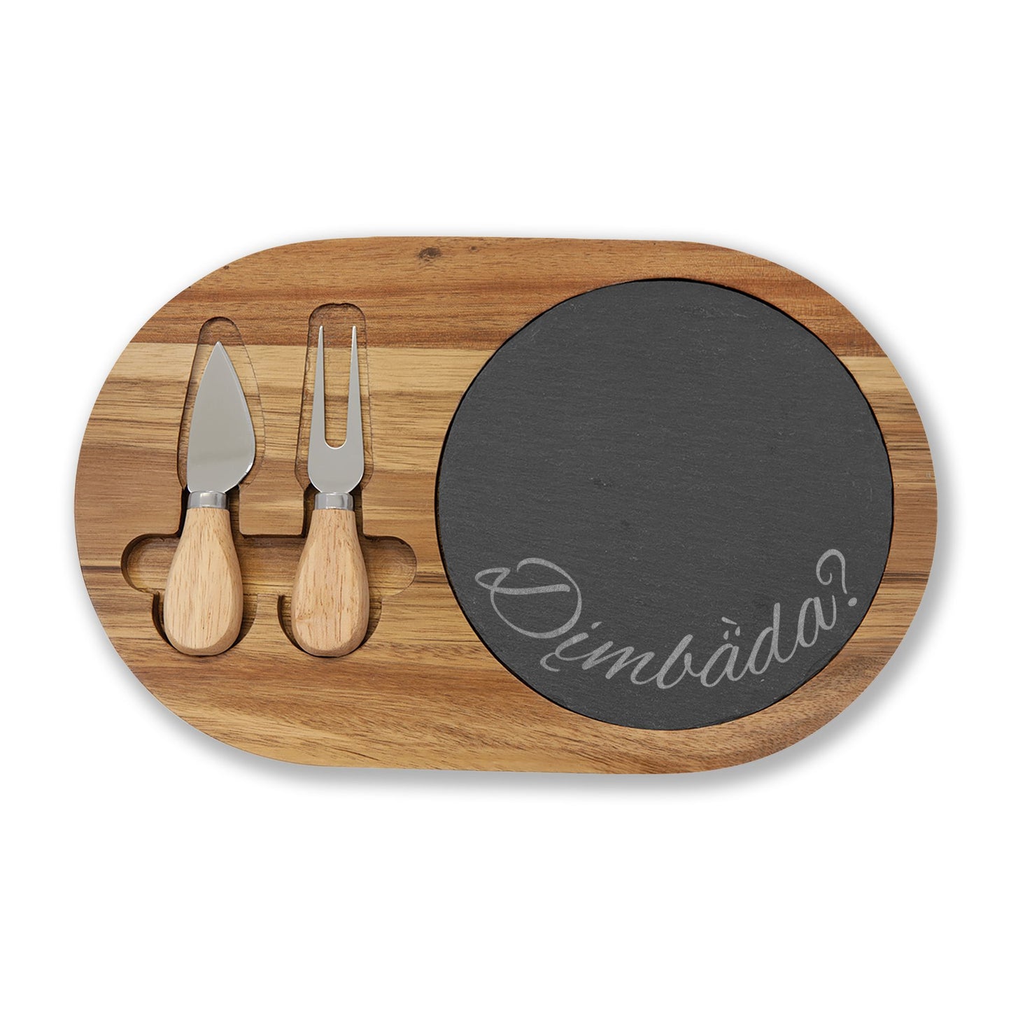 "Are You Hungry?" Dän K’e Engraved Acacia Charcuterie Board with Slate & Cheese Knives